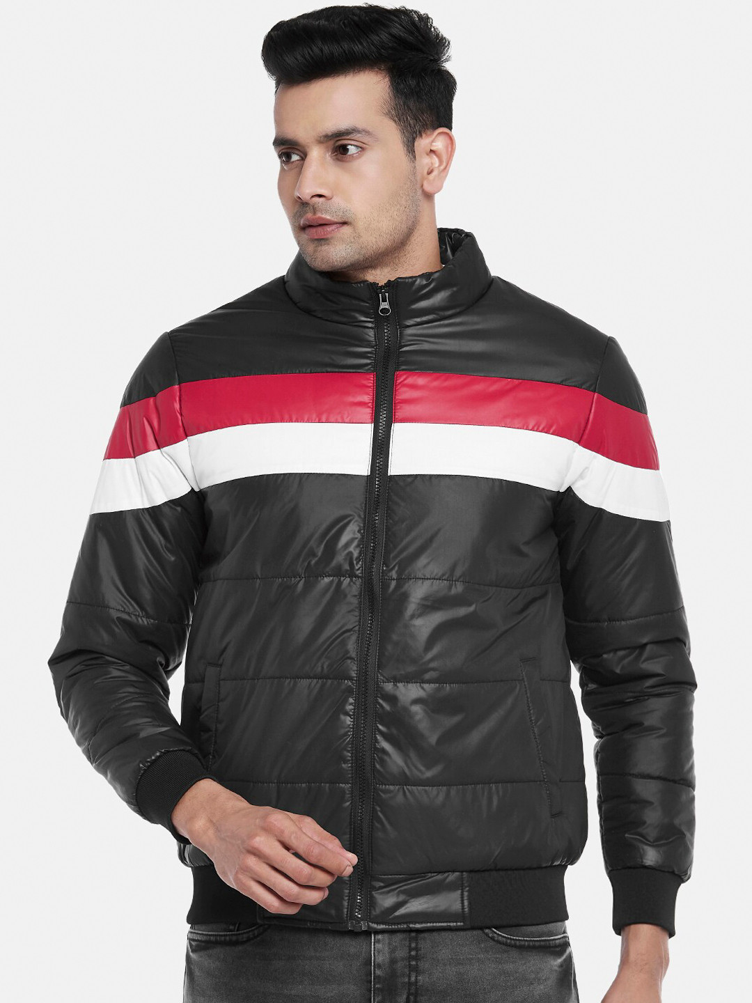 

People Men Black White Colourblocked Bomber Jacket