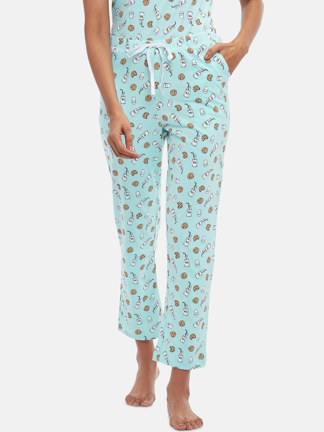 

Dreamz by Pantaloons Women Turquoise Blue Printed Pure Cotton Lounge Pants