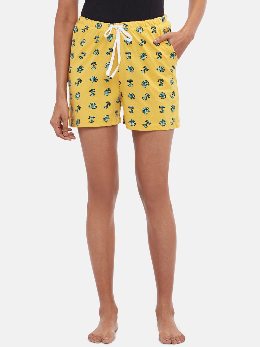 

Dreamz by Pantaloons Women Mustard Yellow Printed Pure Cotton Lounge Shorts