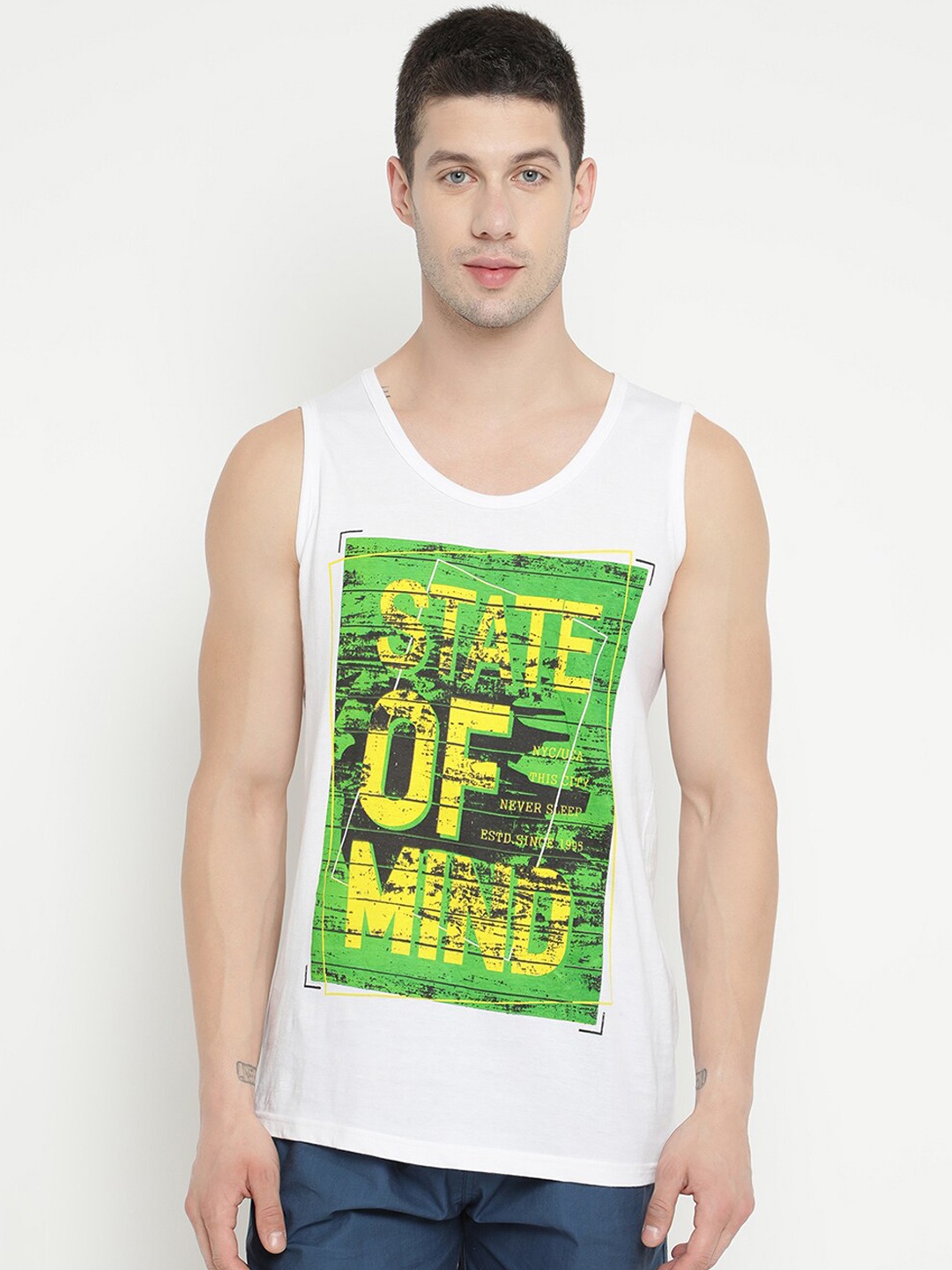 

V2 Value & Variety Men White & Green Printed Cotton Basic Innerwear Vest