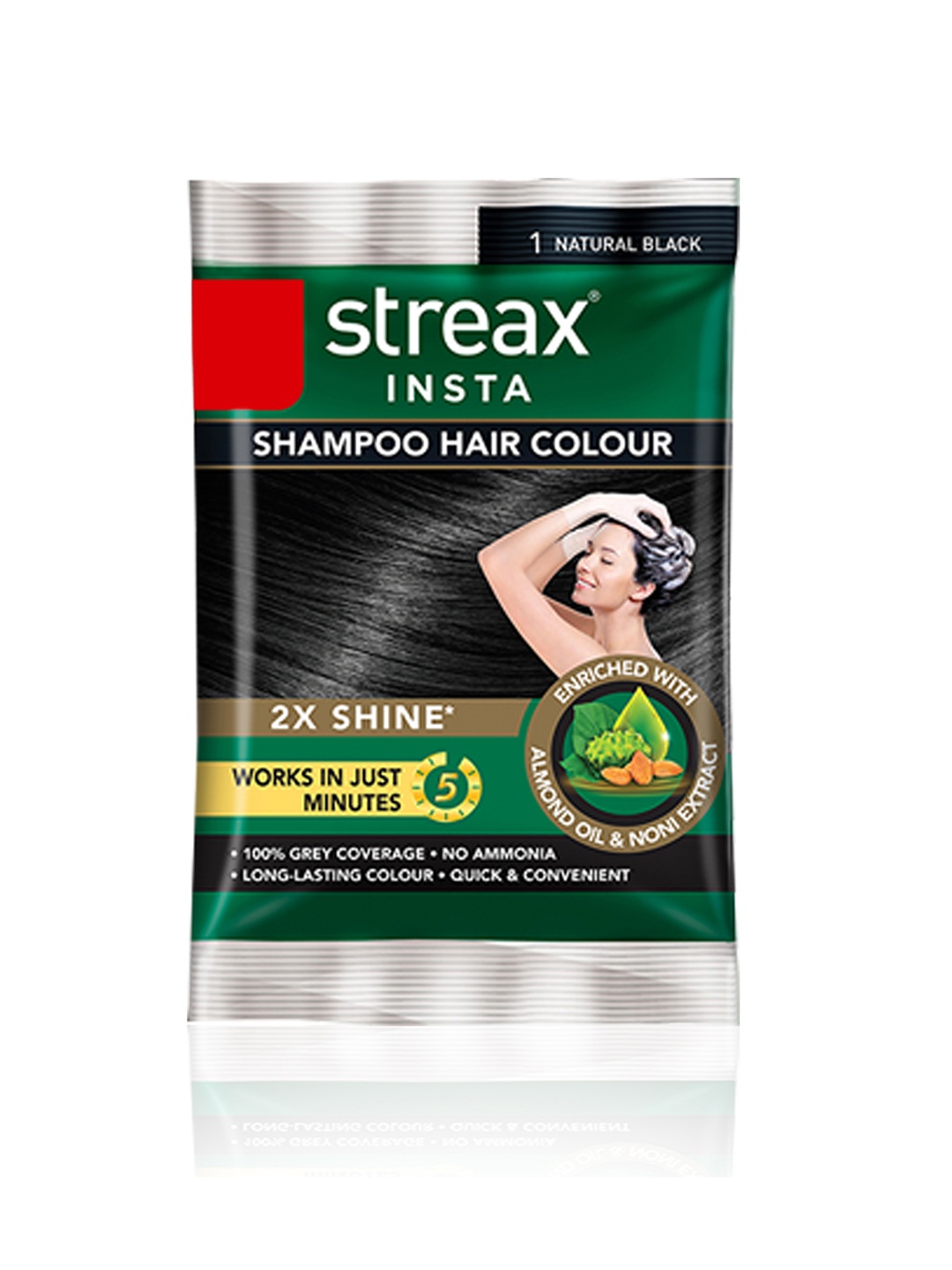 

Streax Insta Shampoo Hair Colour For 100% Grey Coverage 18ml - Natural Black 1