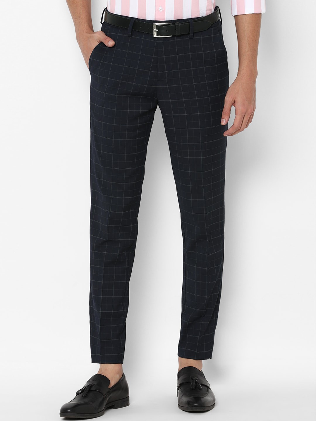 

Allen Solly Men Navy Blue Checked Slim Fit Formal Trousers
