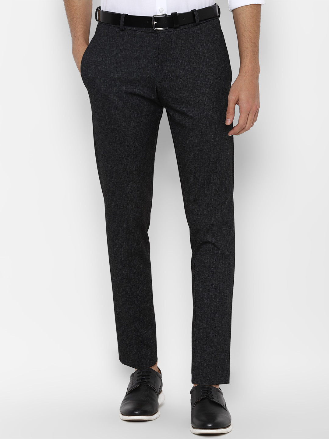 

Allen Solly Men Black Textured Self Design Slim Fit Mid-Rise Flat-Front Formal Trousers