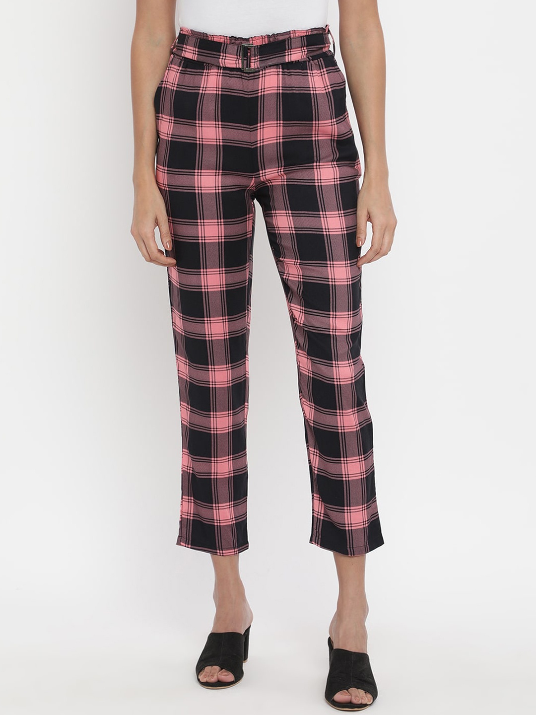 

V2 Value & Variety Women Peach-Coloured & Black Checked Trousers