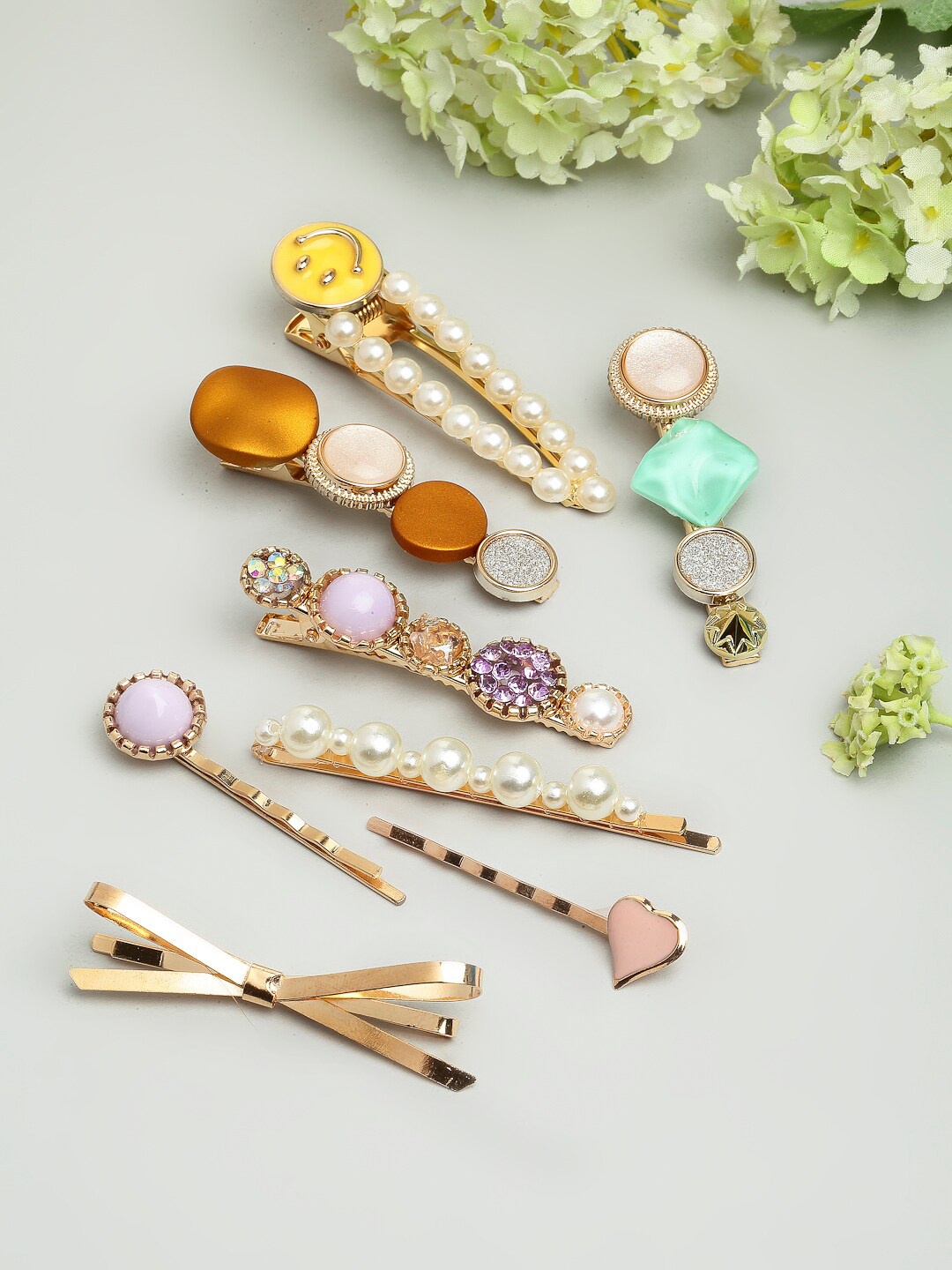 

Ferosh Women Set of 8 Gold-Toned & White Embellished Hair Pins