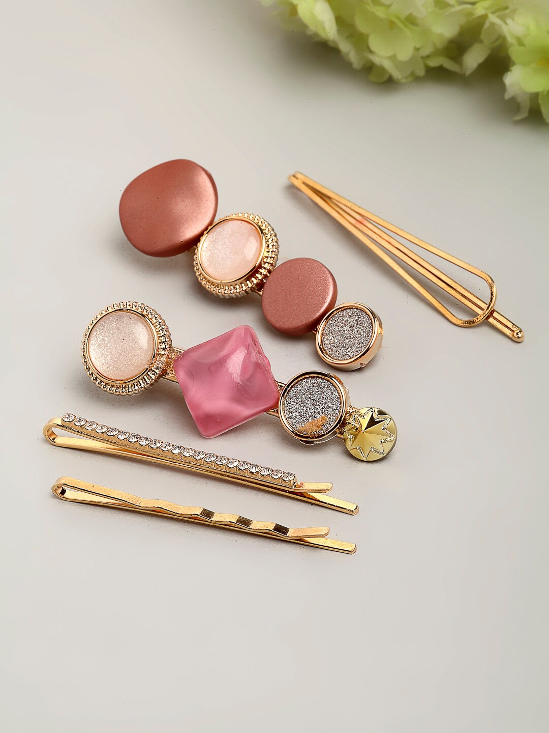 

Ferosh Women Set of 5 Gold-Toned & Rose Embellished Hair Accessory Set