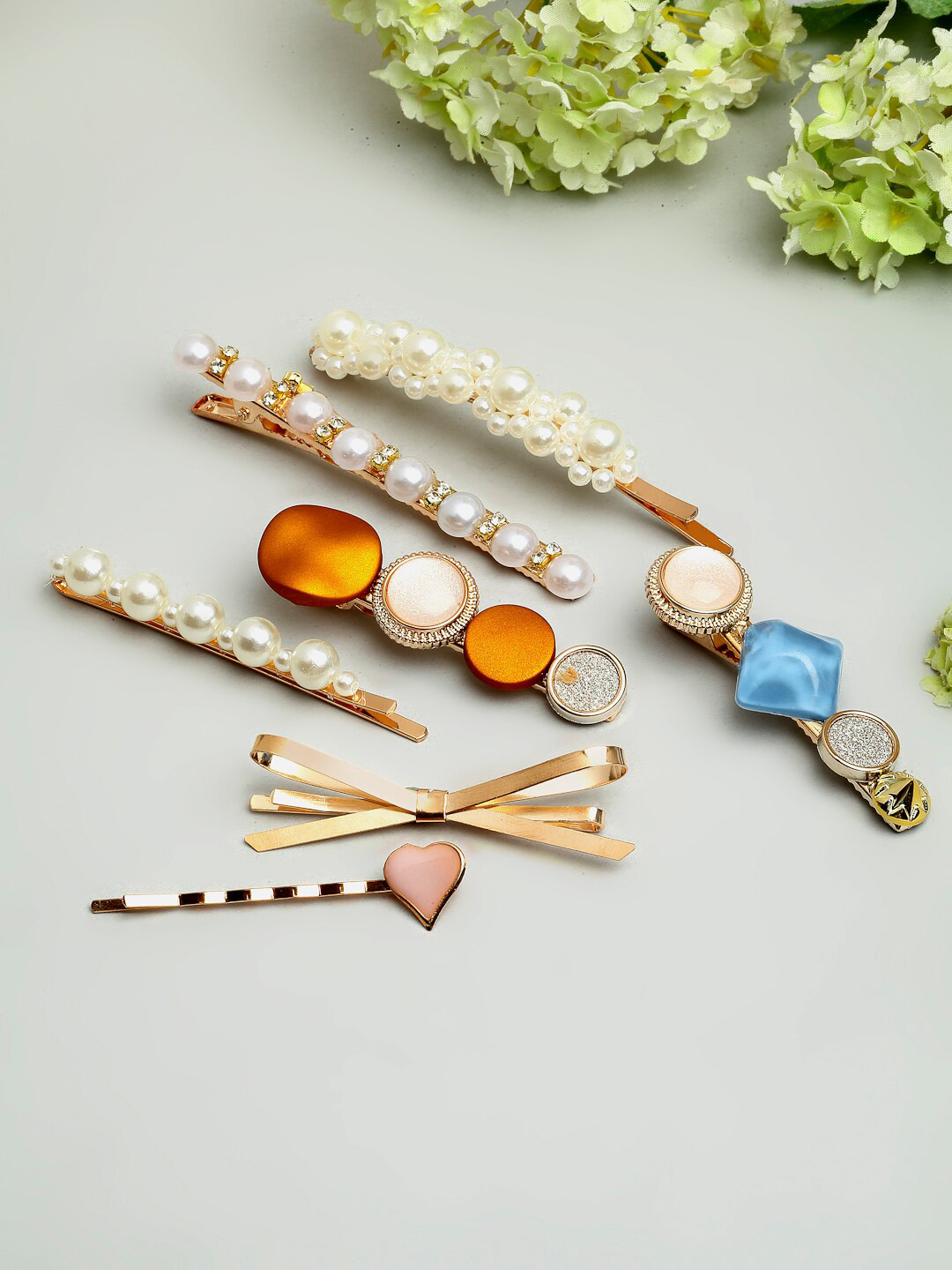 

Ferosh Women Set Of 7 Gold-toned Keke Stone & Pearl Beaded Hair Pins