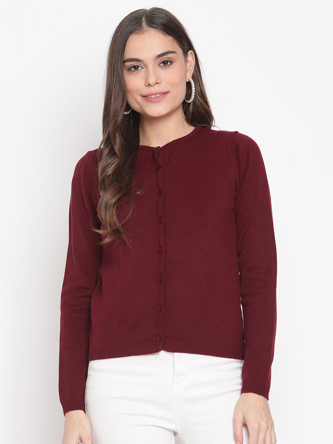 

Madame Women Maroon Solid Wool Cardigan