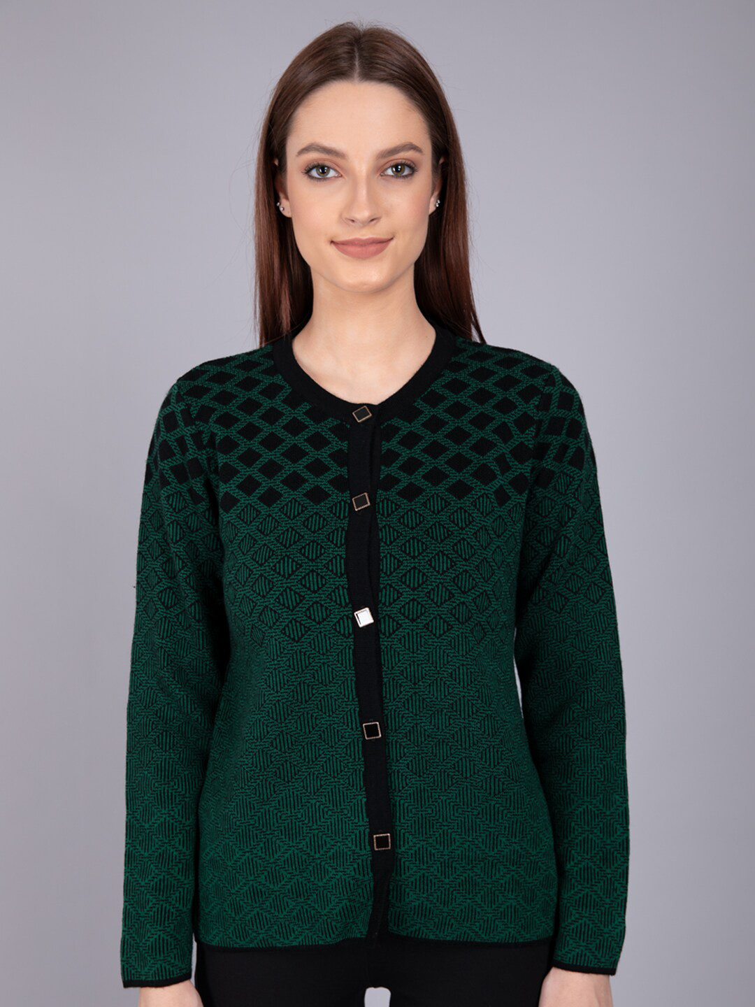 

Madame Women Green & Black Printed Cardigan