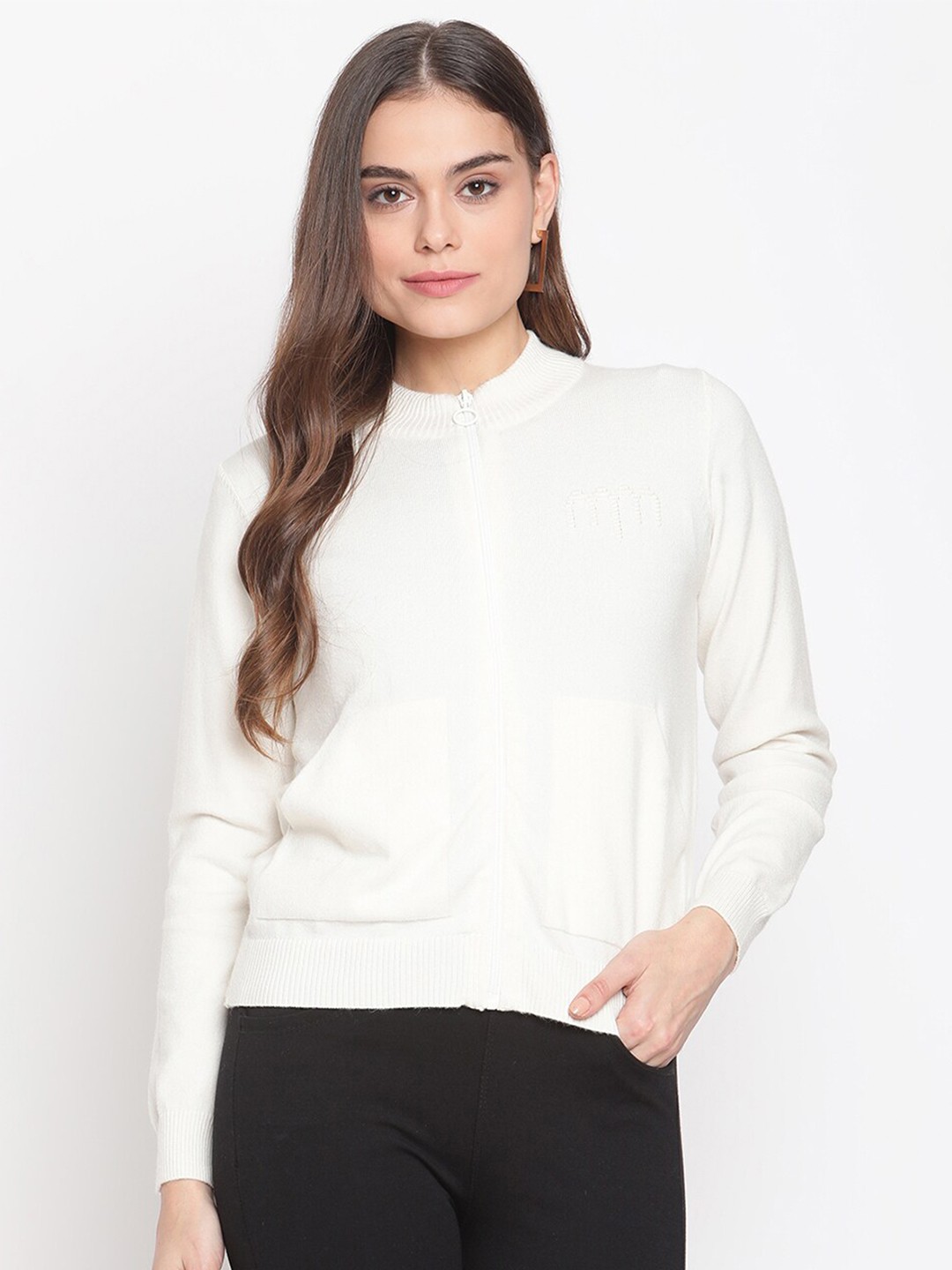 

Madame Women Off White Cardigan with Zip Detail