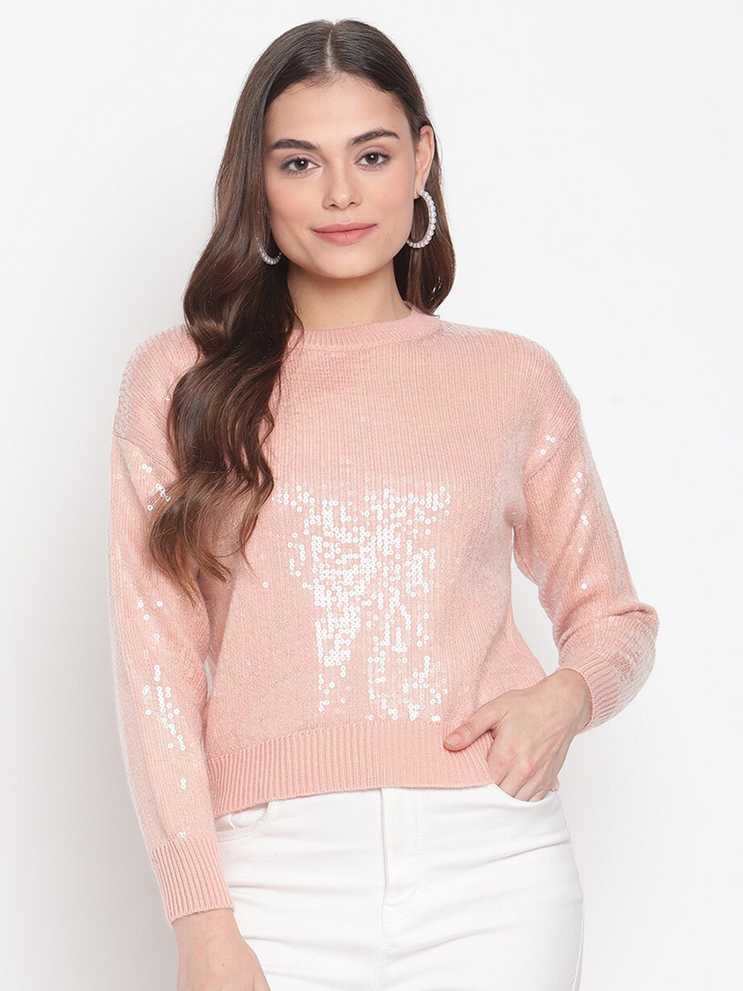 

Madame Women Peach-Coloured Embroidered Wool Pullover with Sequinned Detail
