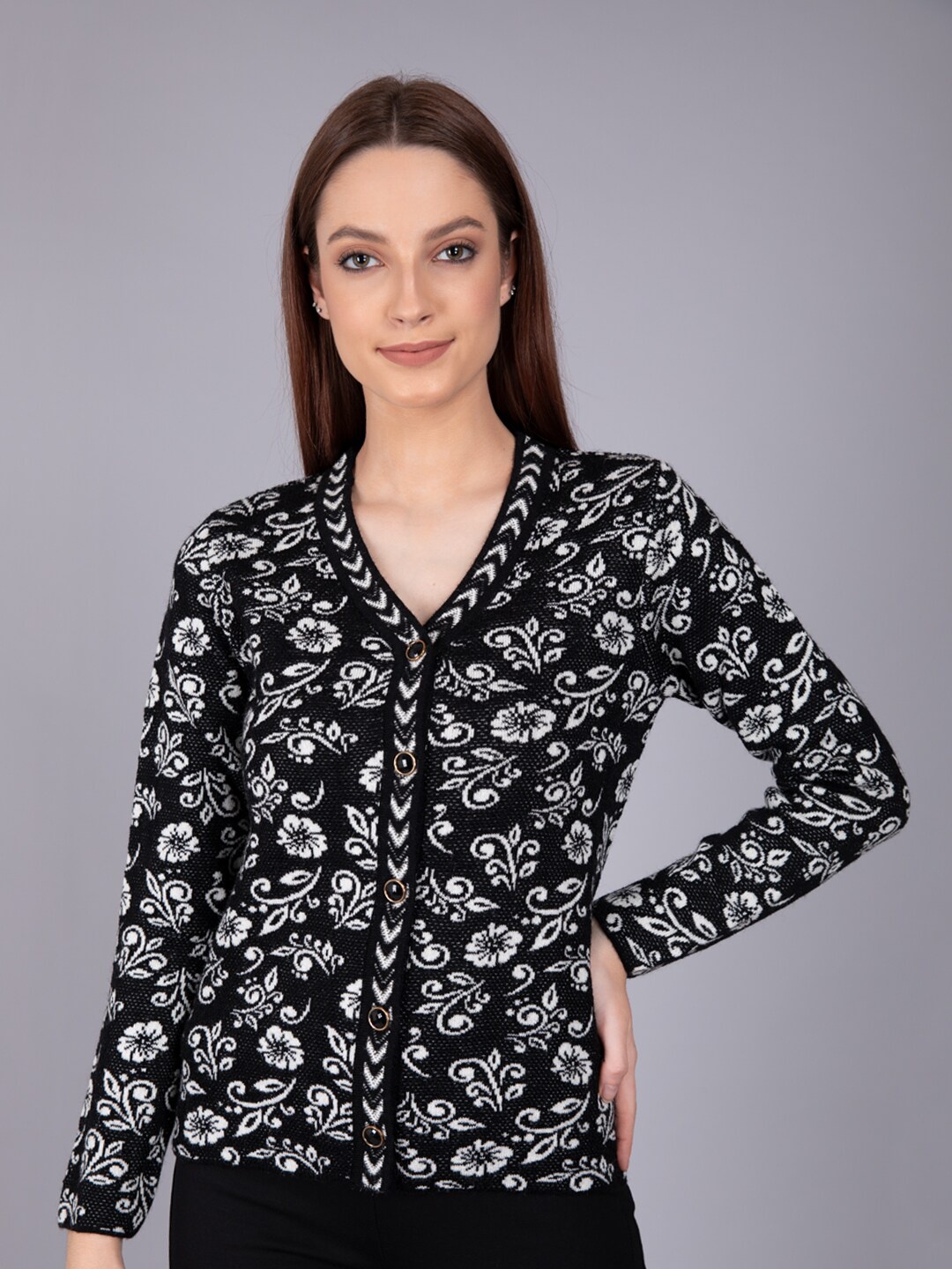 

Madame Women Black & White Floral Printed Cardigan