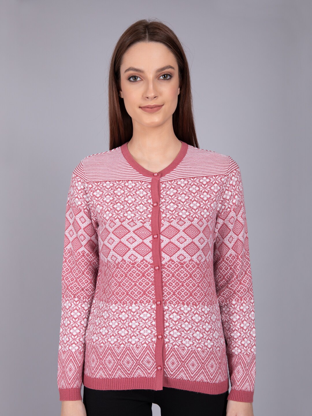 

Madame Women Peach-Coloured Geometric Printed Cardigan