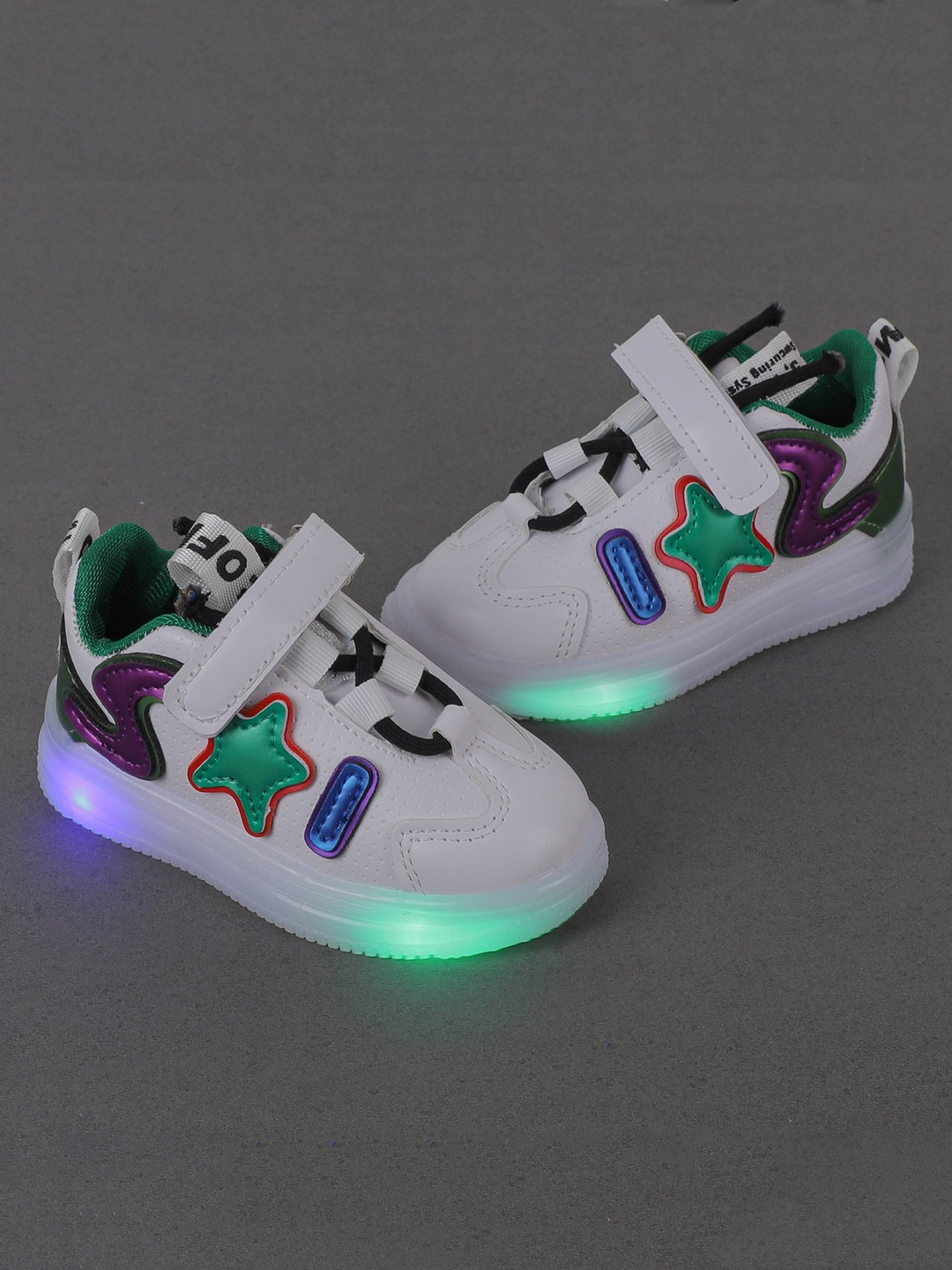 

FEETWELL SHOES Kids White & Green Perforations LED PU Sneakers