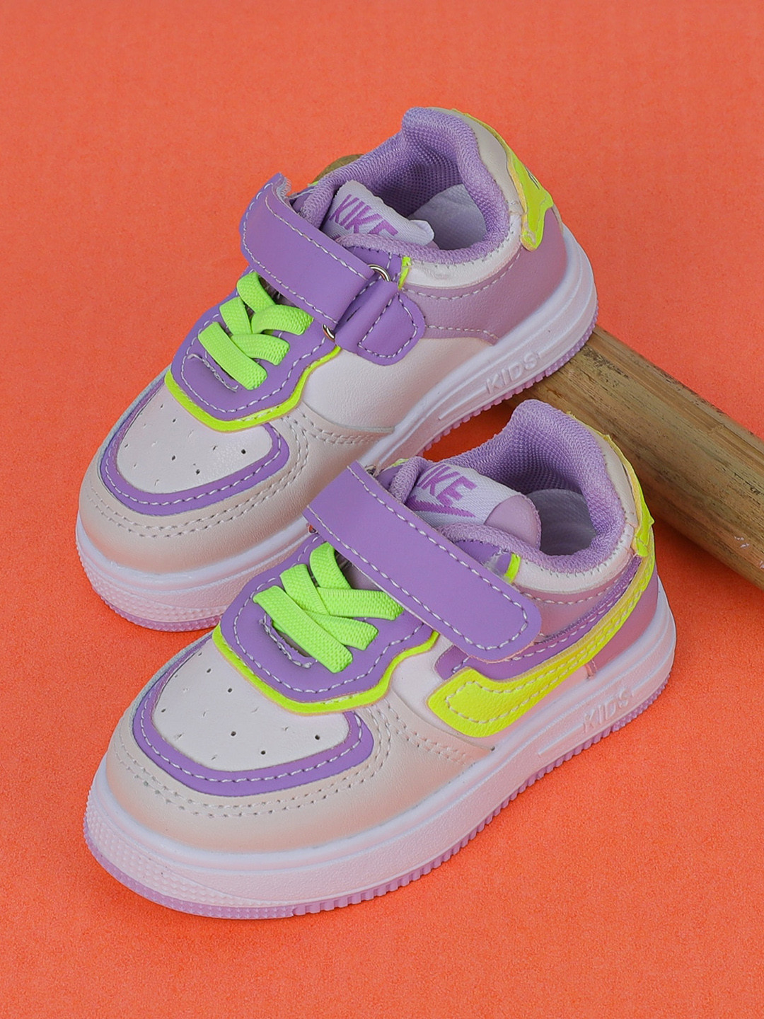 

FEETWELL SHOES Kids Purple & Fluorescent Green Colourblocked PU Sneakers