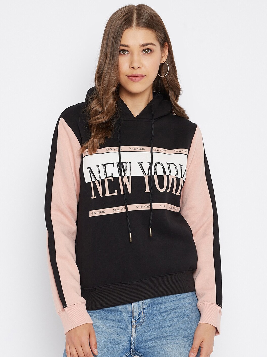 

Madame Women Black Printed Hooded Sweatshirt