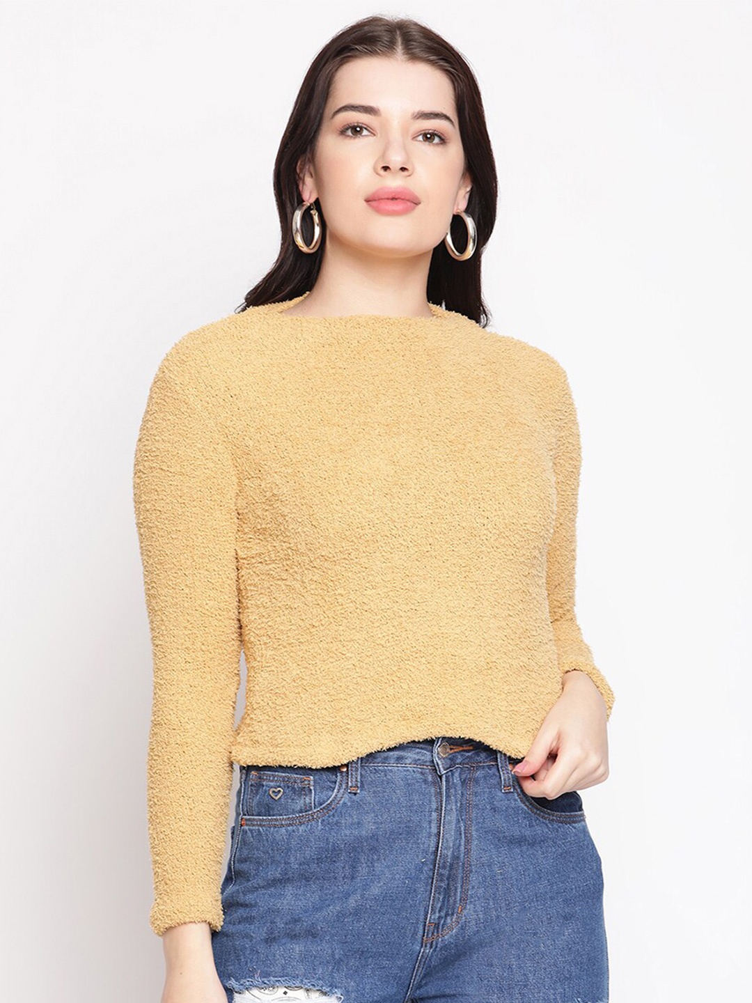 

Madame Women Mustard Self Designed Crop Top