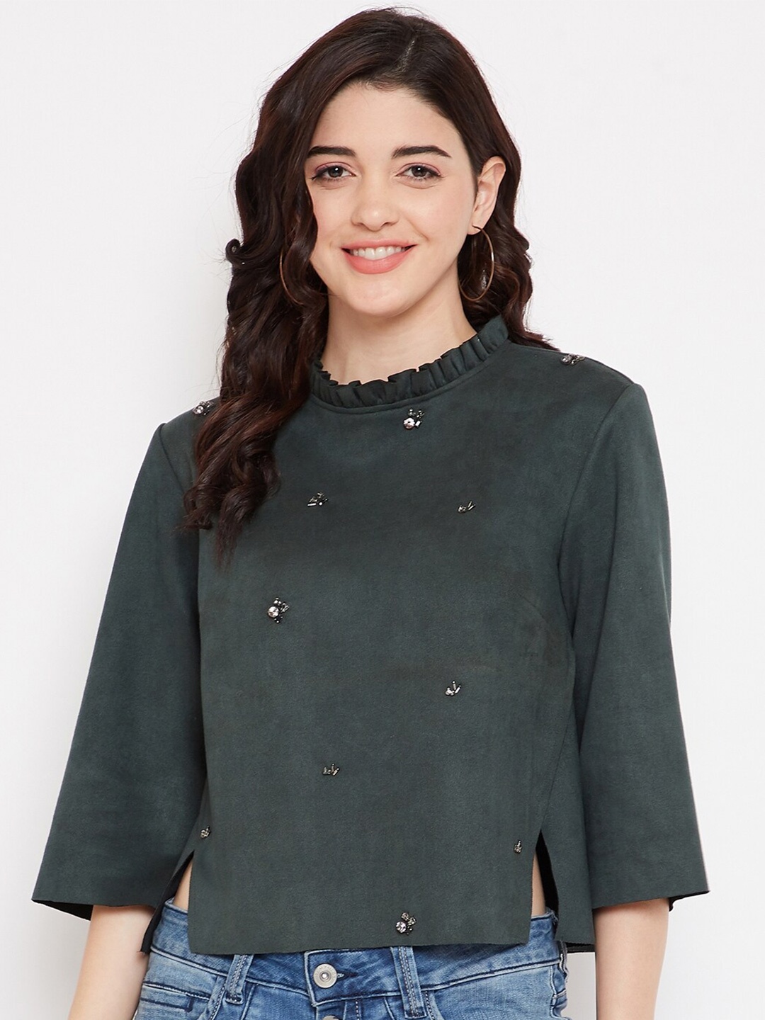 

Madame Green Embellished Ruffles Top