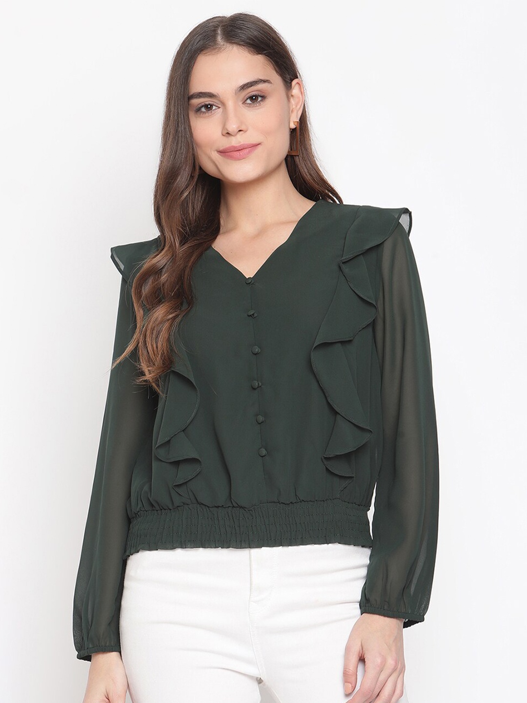 

Madame Women Green Ruffled Blouson Top
