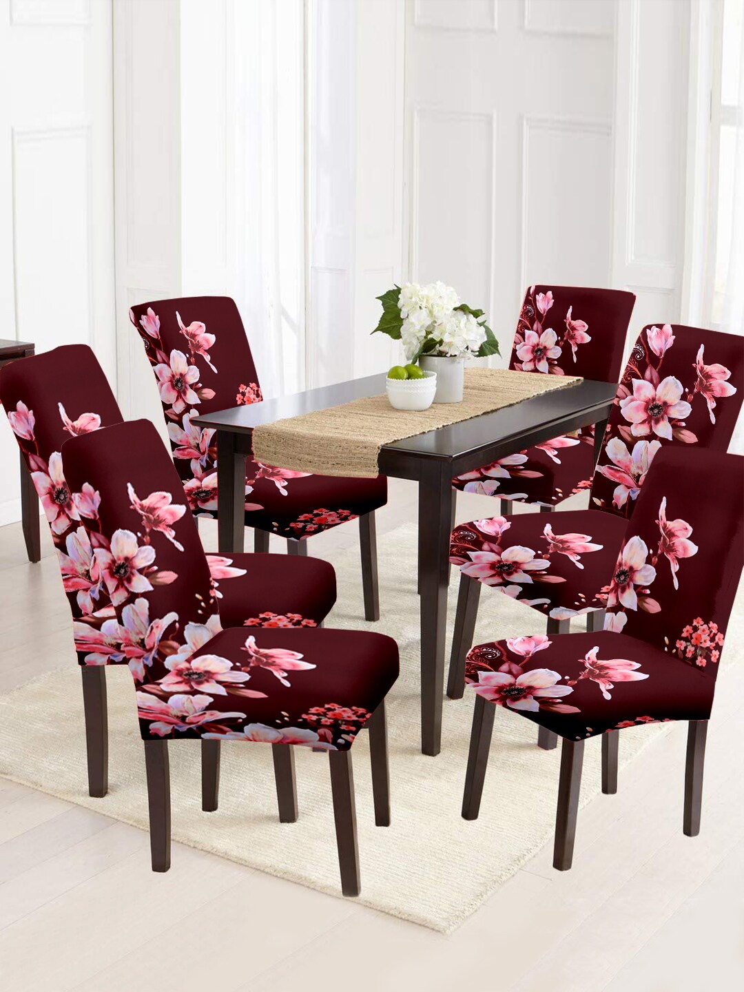 

Aura Set Of 6 Maroon & Pink Printed Removable Chair Covers