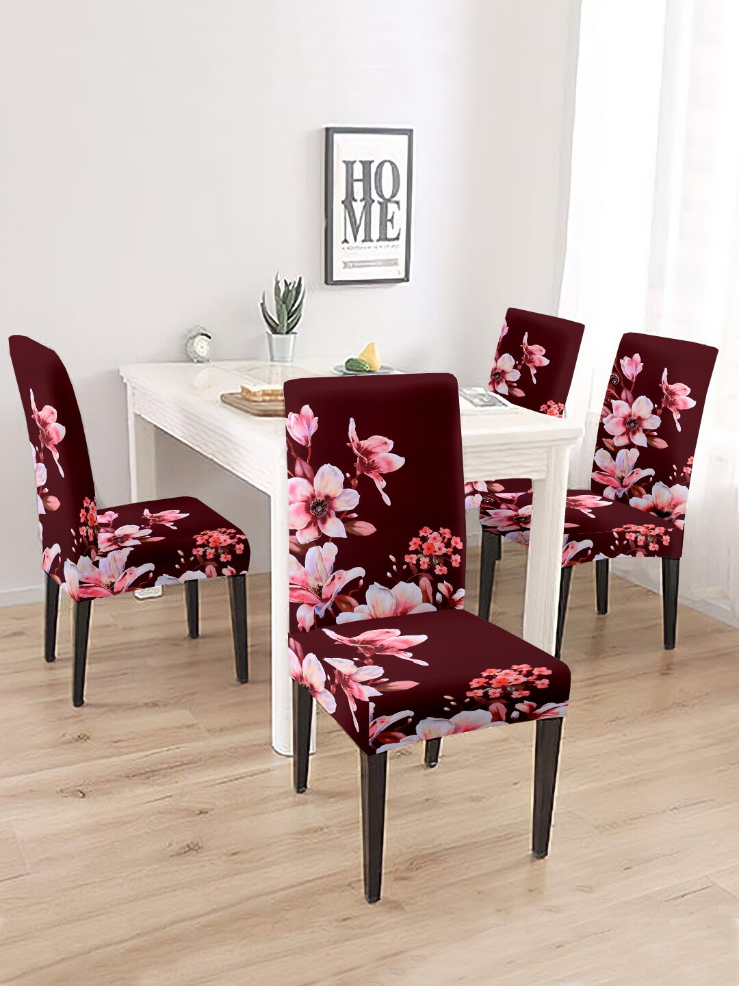 

Aura Set Of 4 Maroon & Pink Floral Printed Chair Covers