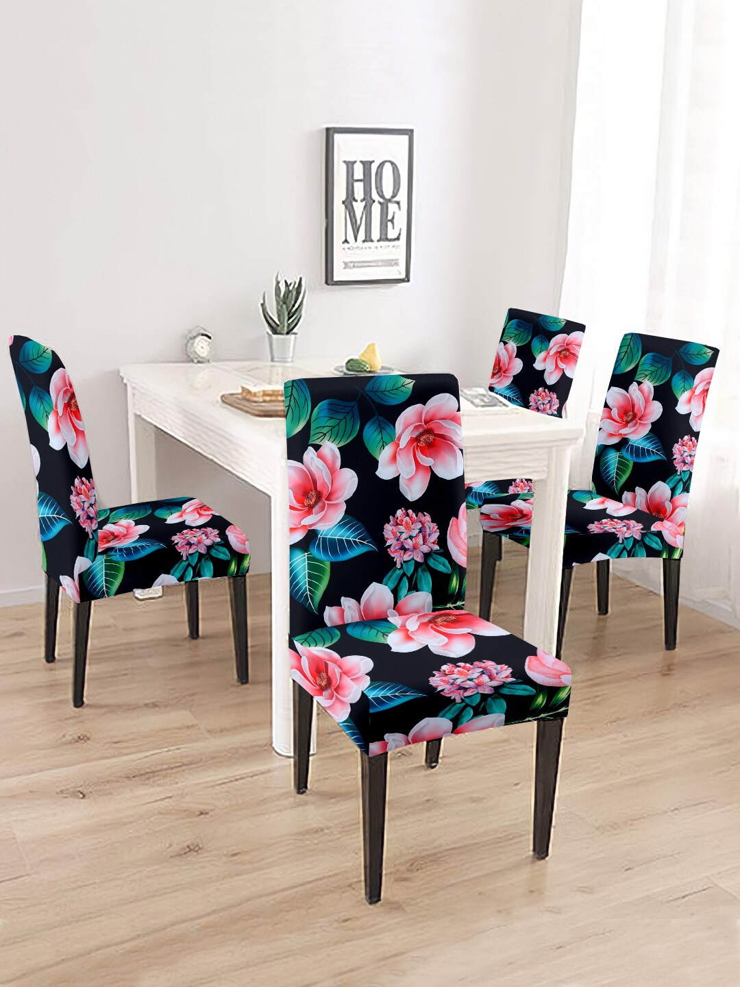 

Aura Set Of 4 Black & Pink Floral Printed Chair Covers