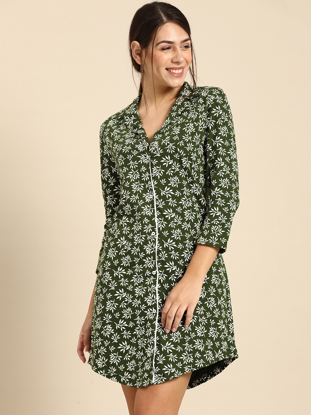 

Dreamz by Pantaloons Olive Green Printed Pure Cotton Nightdress