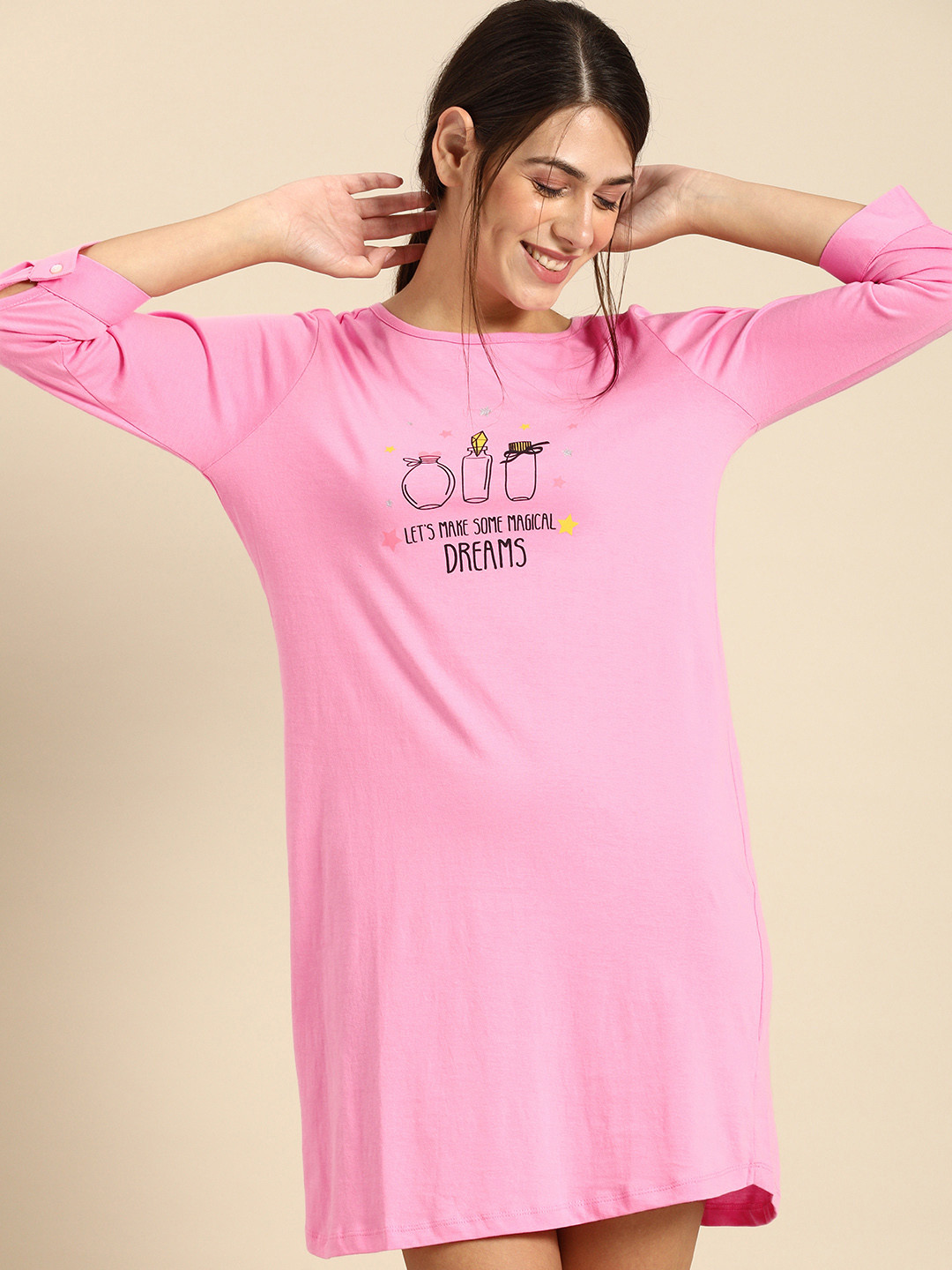 

Dreamz by Pantaloons Pink Printed Pure Cotton T-Shirt Nightdress