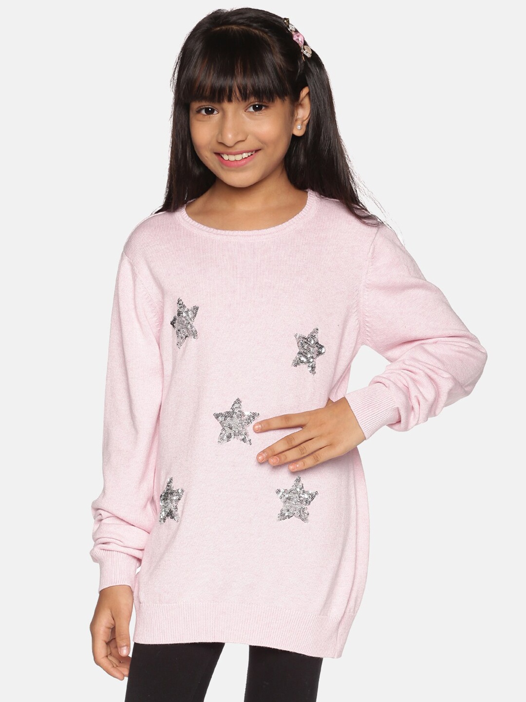 

DAiSY Girls Pink & Silver-Toned Embroidered Longline Pullover with Embellished Detail
