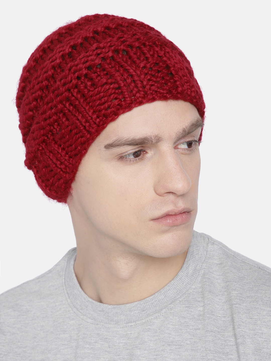 

Magic Needles Men Red Self Design Hand Knitted Bicycle Wheel Woolen Beanie