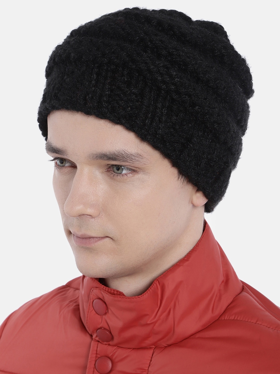 

Magic Needles Men Black Self Design Hand Knitted Bicycle Wheel Woolen Beanie