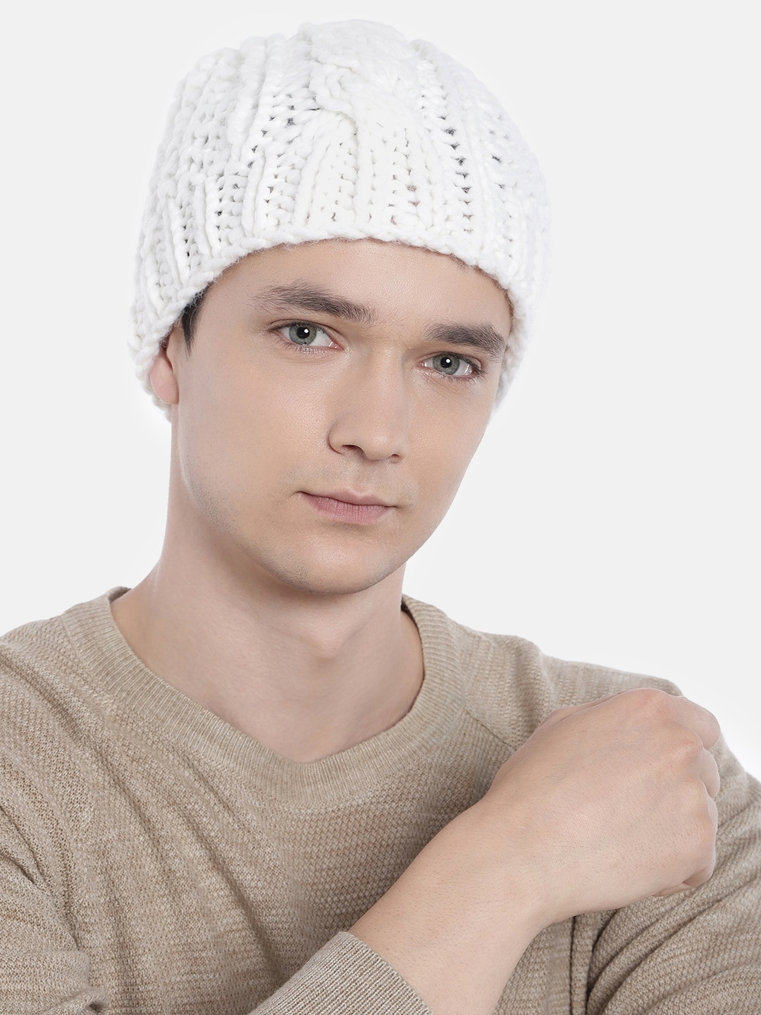 

Magic Needles Men White Self Design Hand Knitted Cable Woolen Beanie