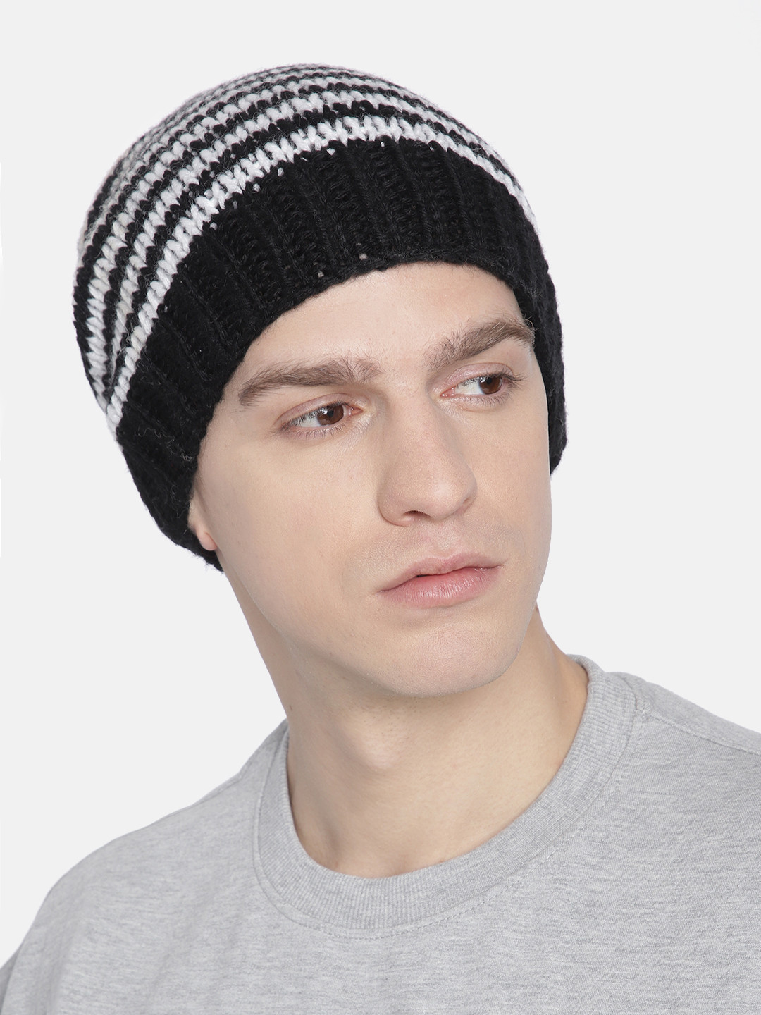 

Magic Needles Men Black & White Woollen Handknitted Striped Beanie