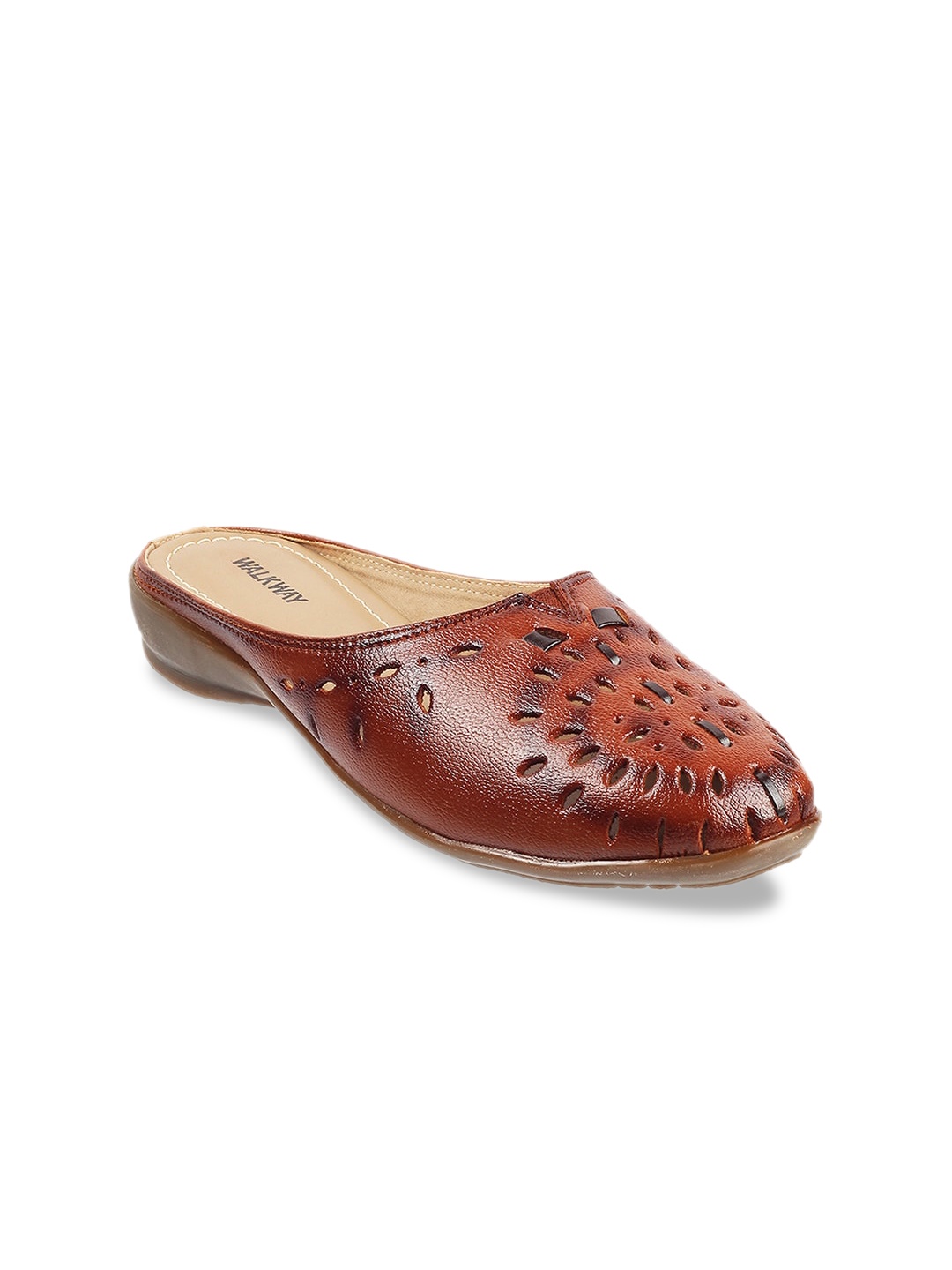 

WALKWAY by Metro Women Tan Leather Wedge Mules with Laser Cuts