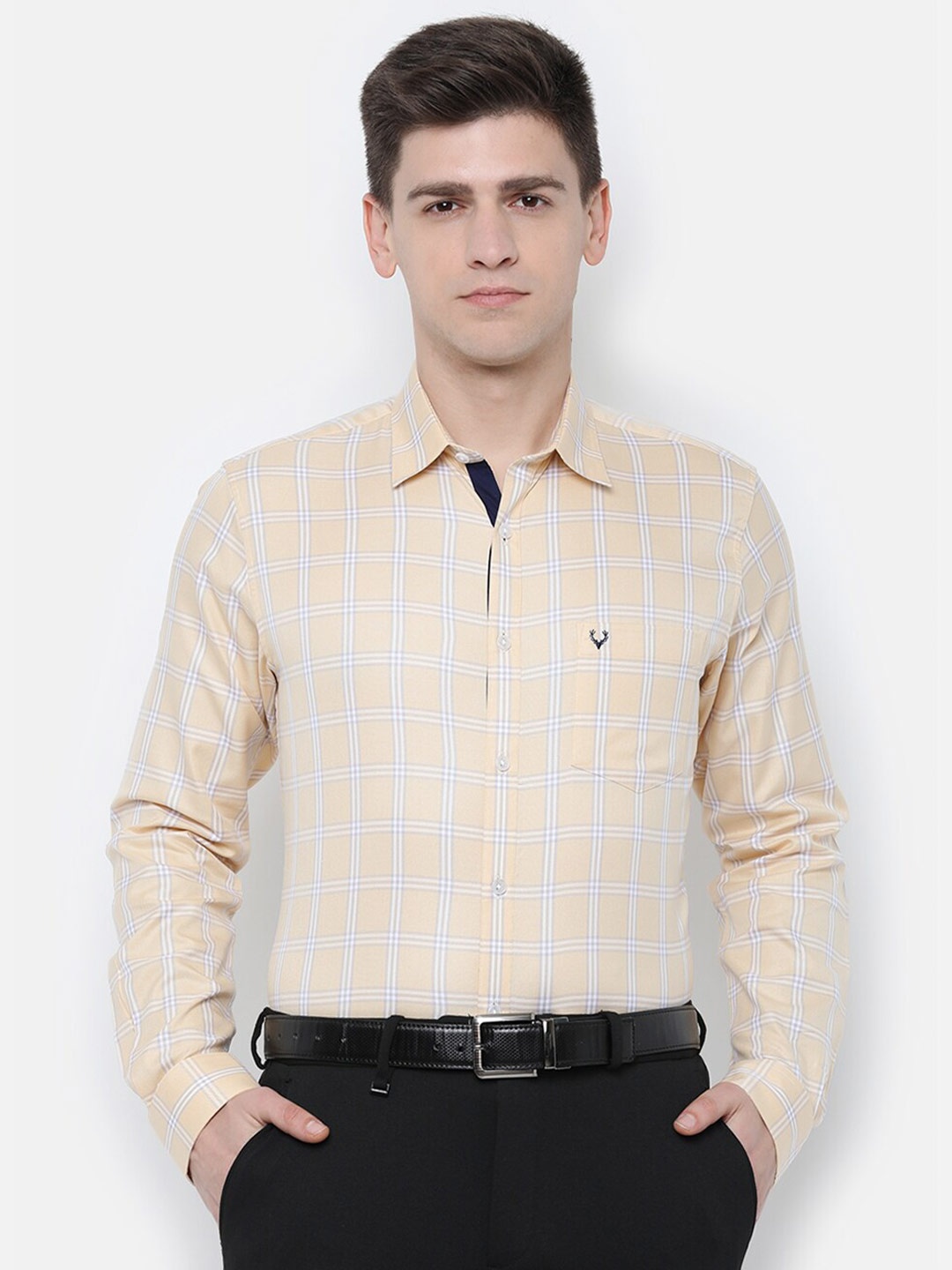 

Allen Solly Men Cream-Coloured Slim Fit Checked Pure Cotton Formal Shirt