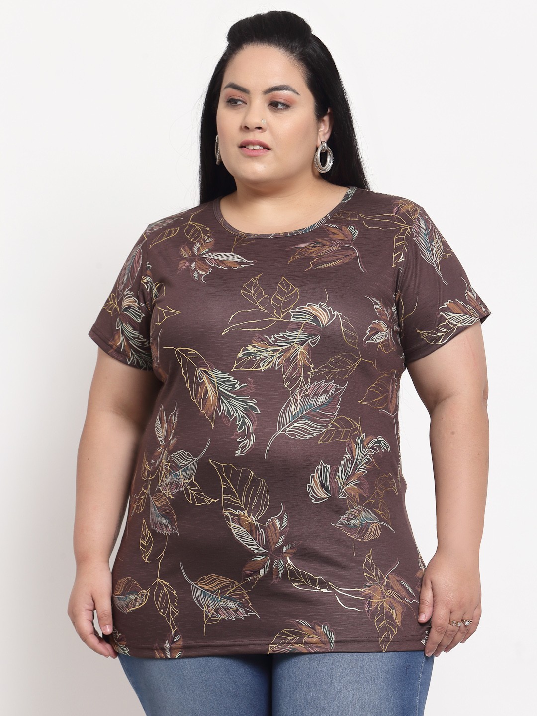 

plusS Women Brown Printed Extended Sleeves T-shirt