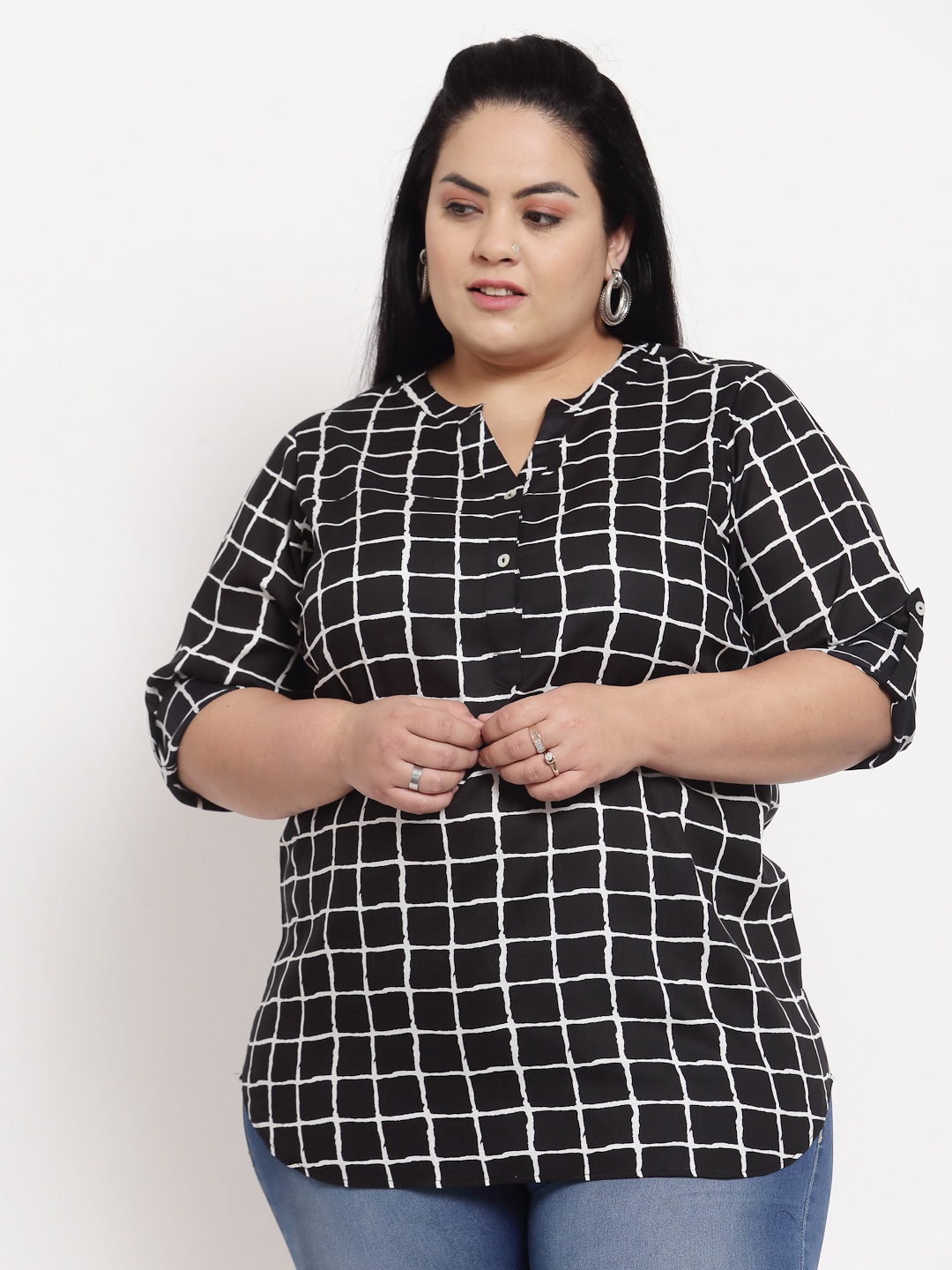 

plusS Black Checked Roll-Up Sleeves Shirt Style Top