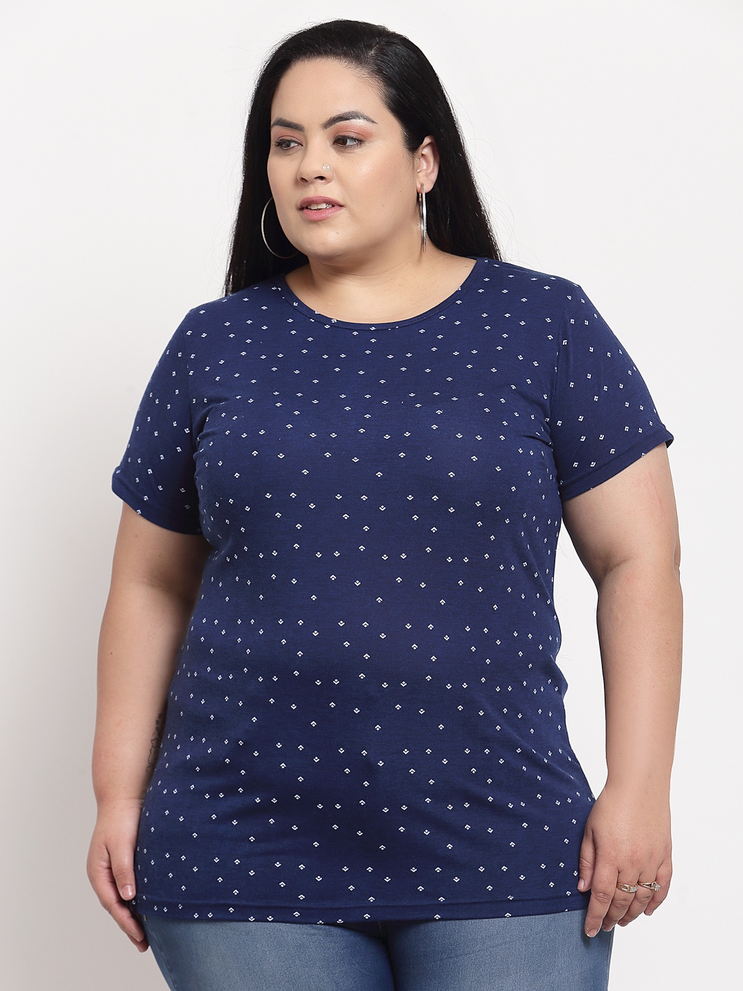 

plusS Women Navy Blue Printed Pockets T-shirt