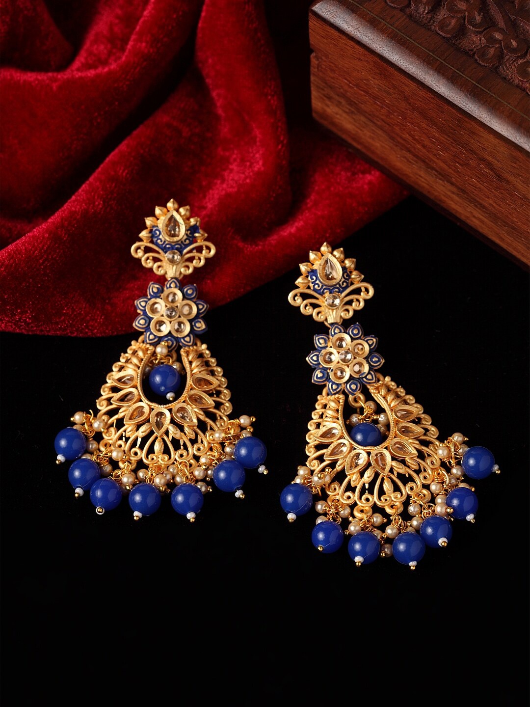 

PANASH Gold-Toned & Blue Handcrafted Crescent Shaped Drop Earrings