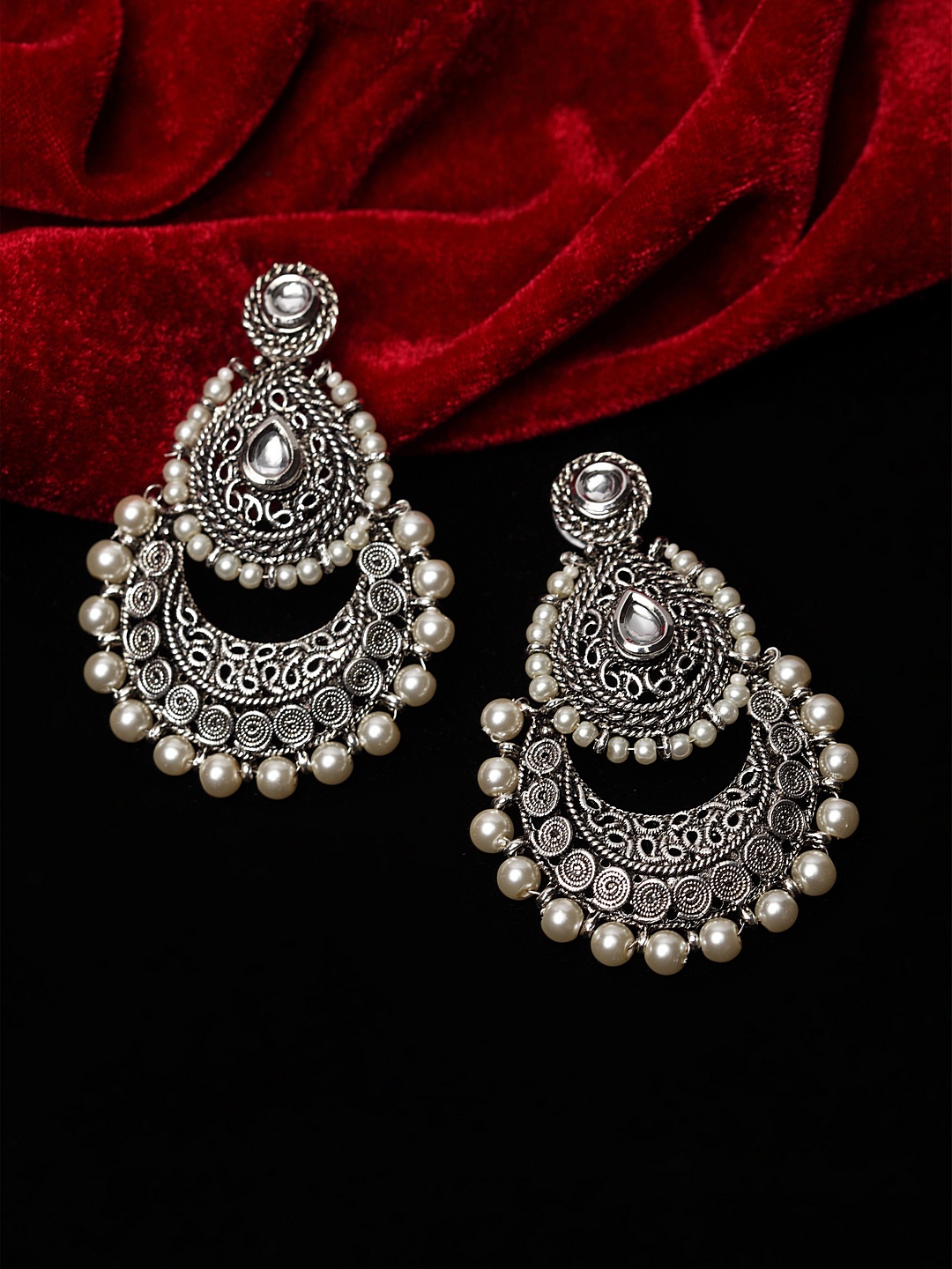 

PANASH Silver-Toned Crescent Shaped Chandbalis Earrings