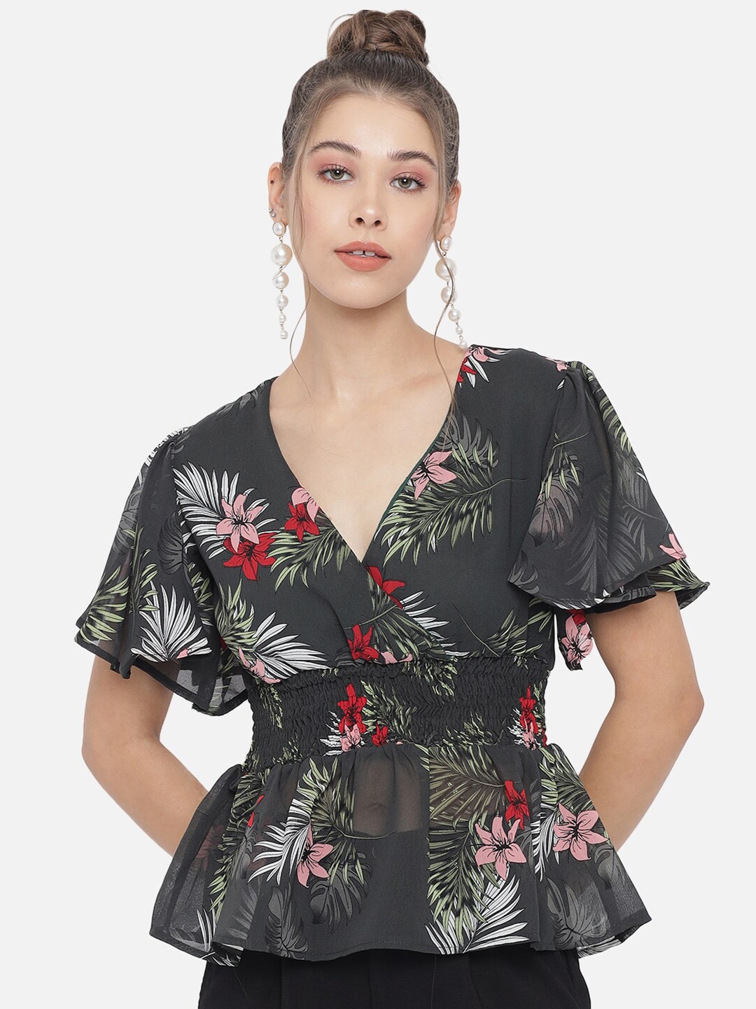 

Trend Arrest Green Floral Print Georgette Peplum Top