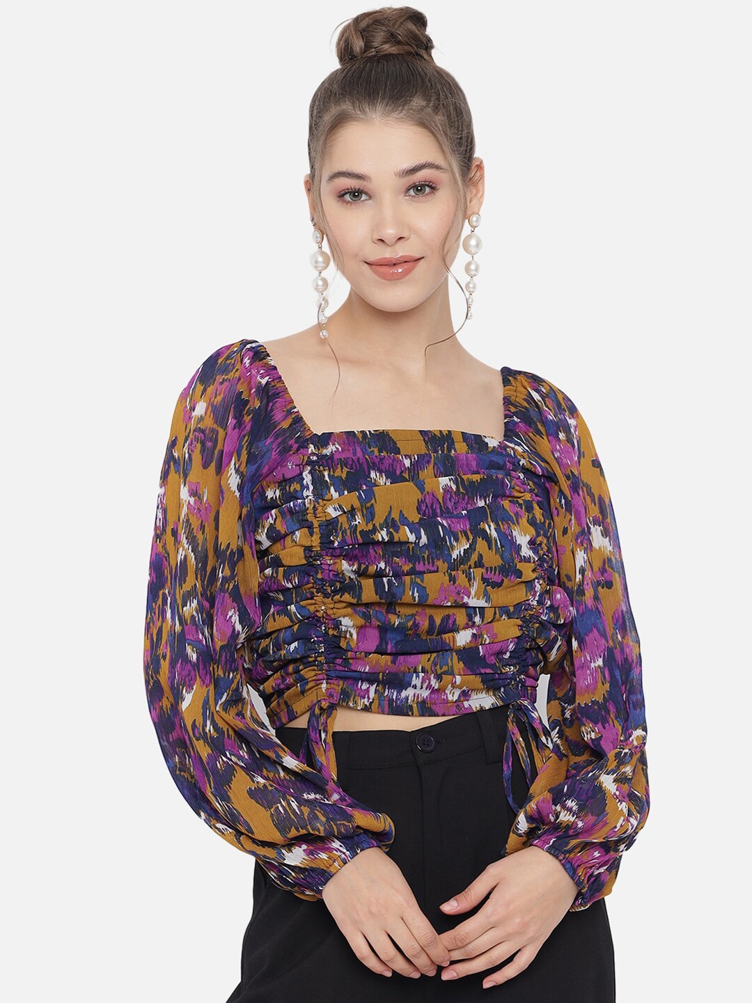 

Trend Arrest Women Multicoloured Floral Print Georgette Crop Top, Multi