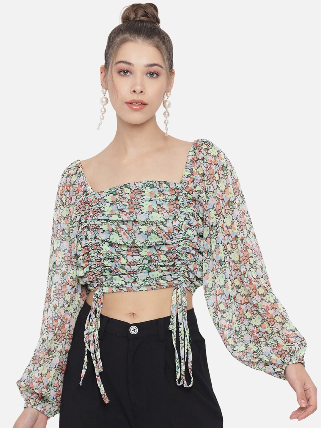 

Trend Arrest Multicoloured Floral Print Georgette Blouson Crop Top, Multi