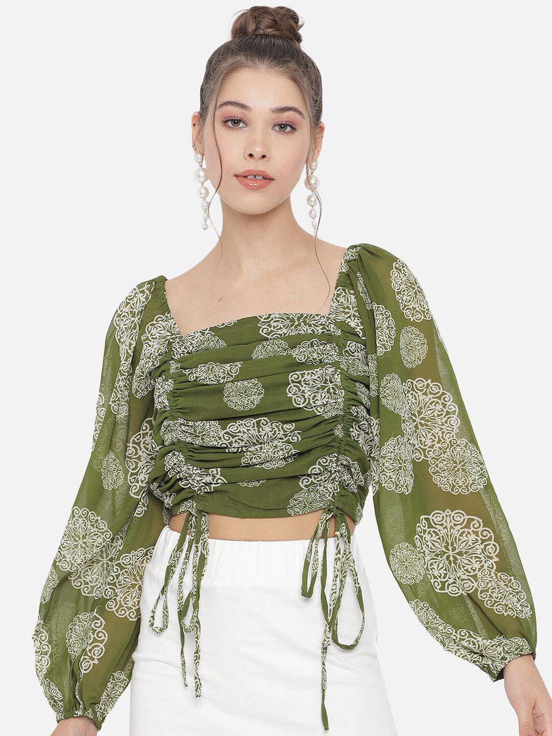 

Trend Arrest Green Print Bishop Sleeves Georgette Crop Top