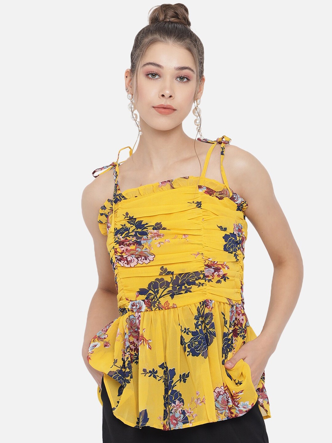

Trend Arrest Yellow Floral Print Georgette Empire Top