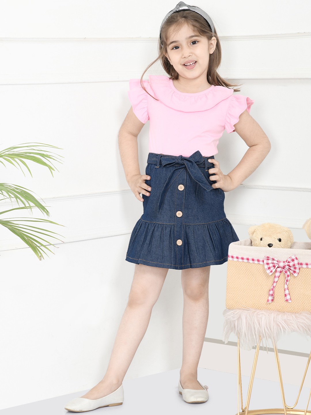 

LilPicks Girls Pink & Navy Blue Top with Skirt