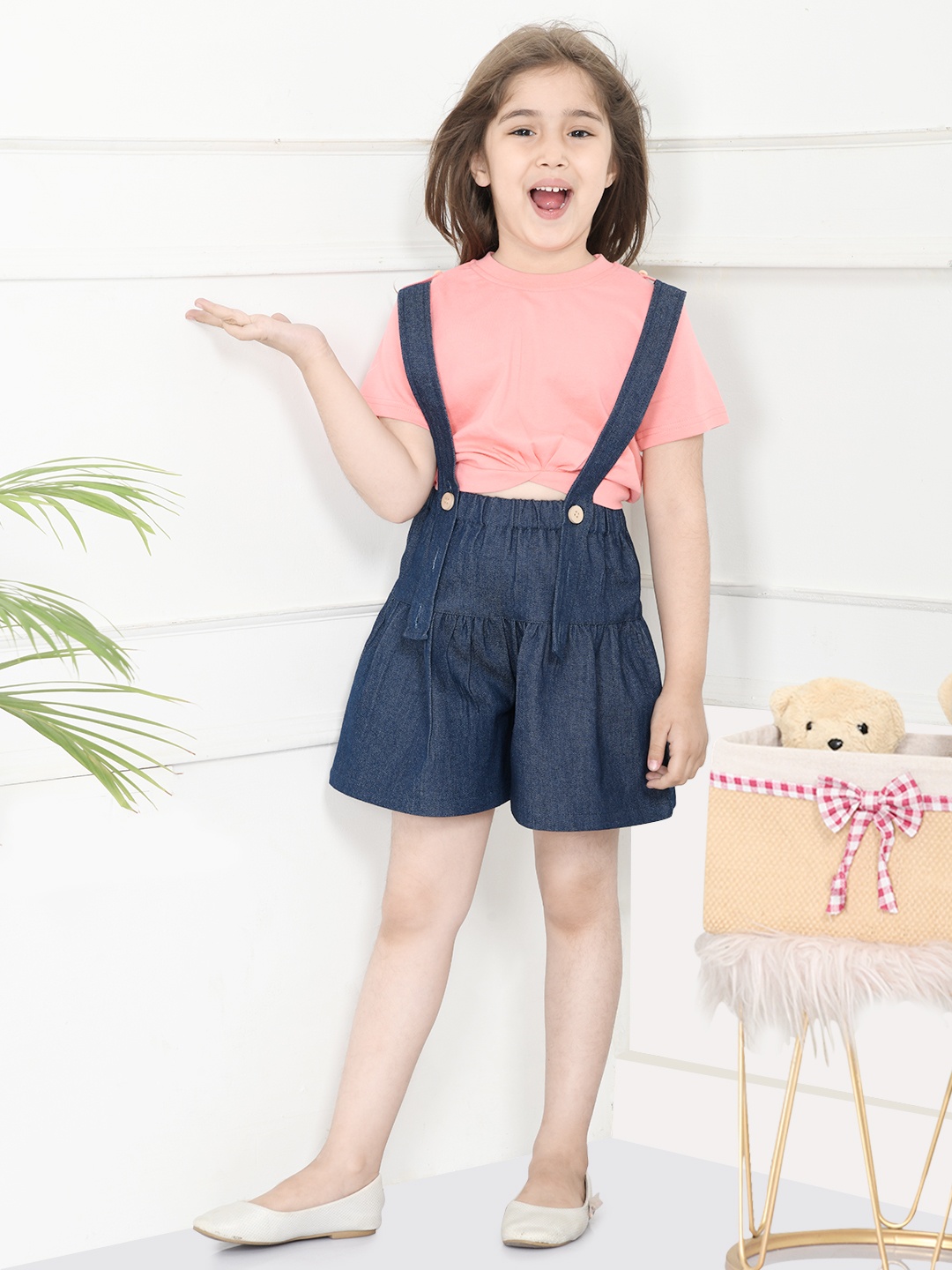

LilPicks Girls Peach-Coloured & Navy Blue Top with Shorts