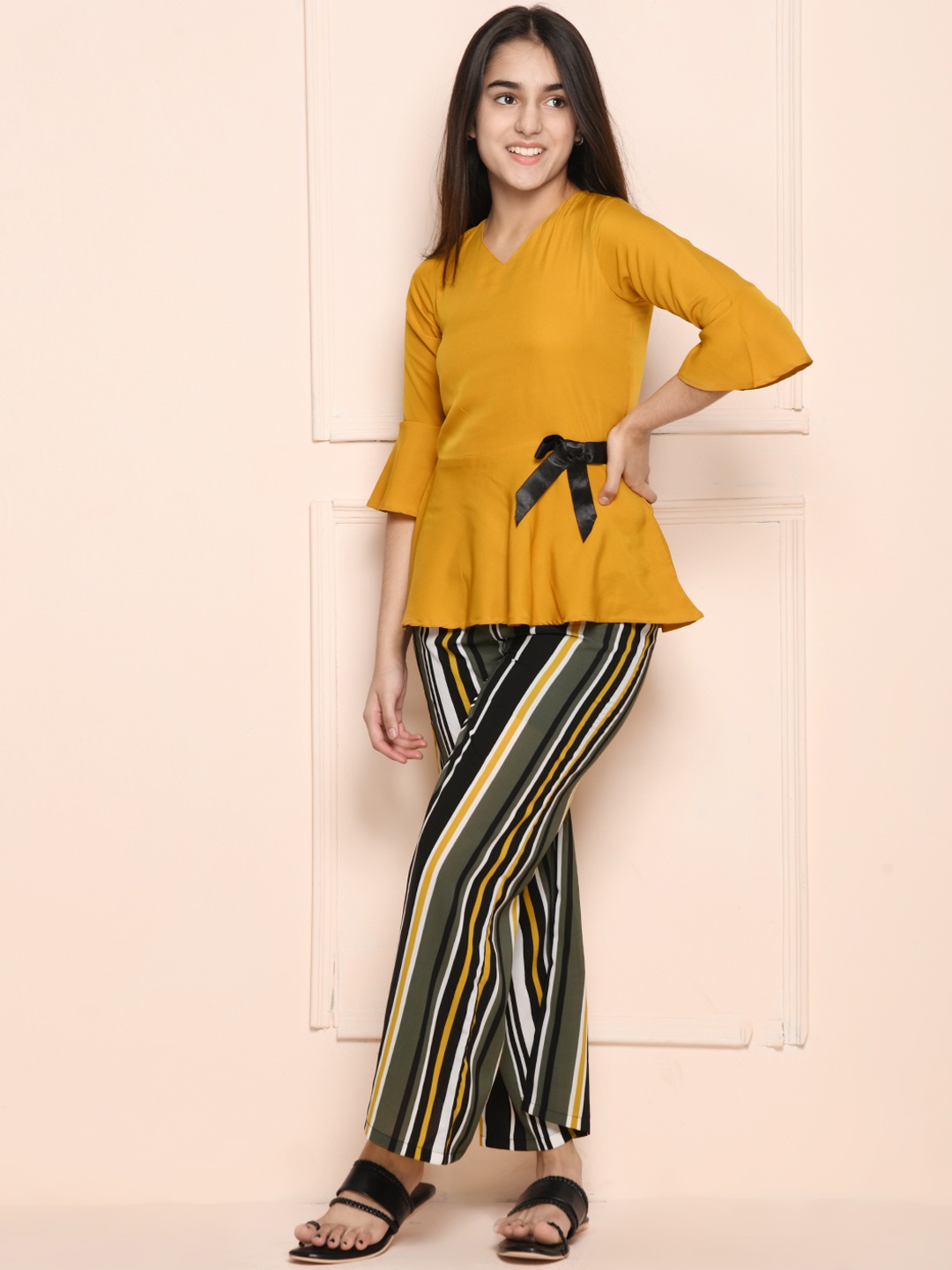 

LilPicks Girls Mustard Yellow & Black Pepum Top With Striped Pant Set