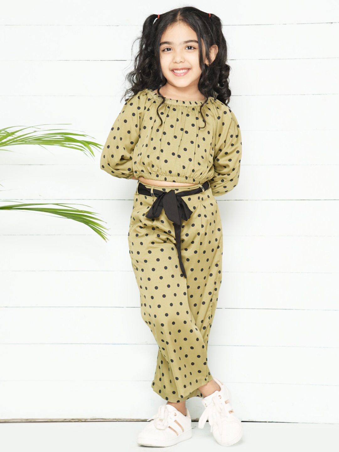 

LilPicks Girls Green & Black Polka Dot Printed Co-Ords