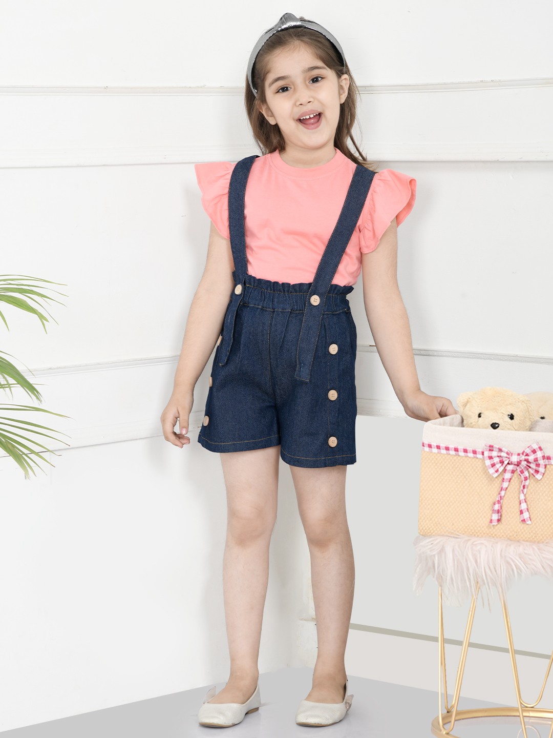

LilPicks Girls Peach-Coloured & Navy Blue Top with Shorts